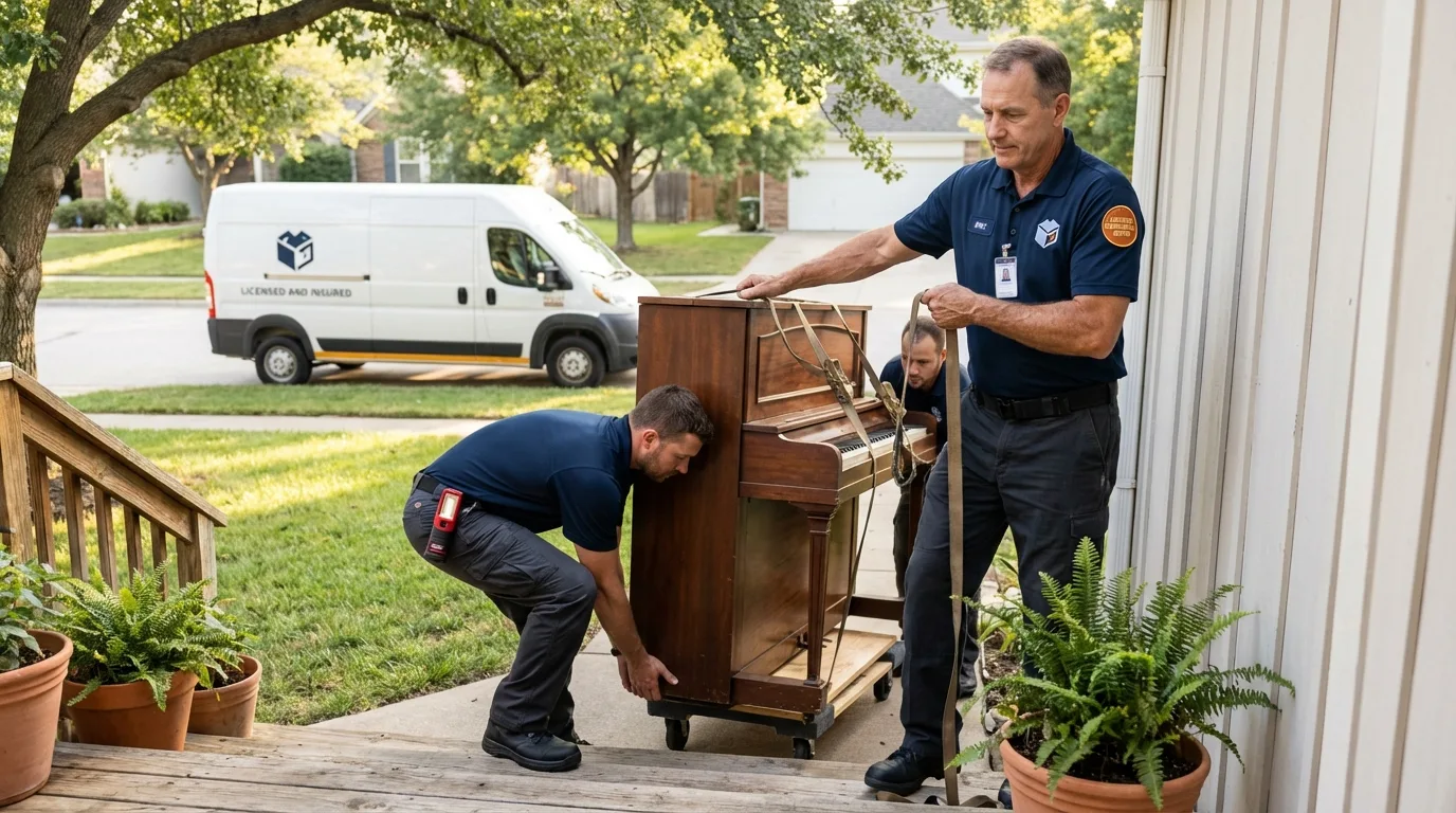 Licensed piano movers securing grand piano in Benton Harbor, MI