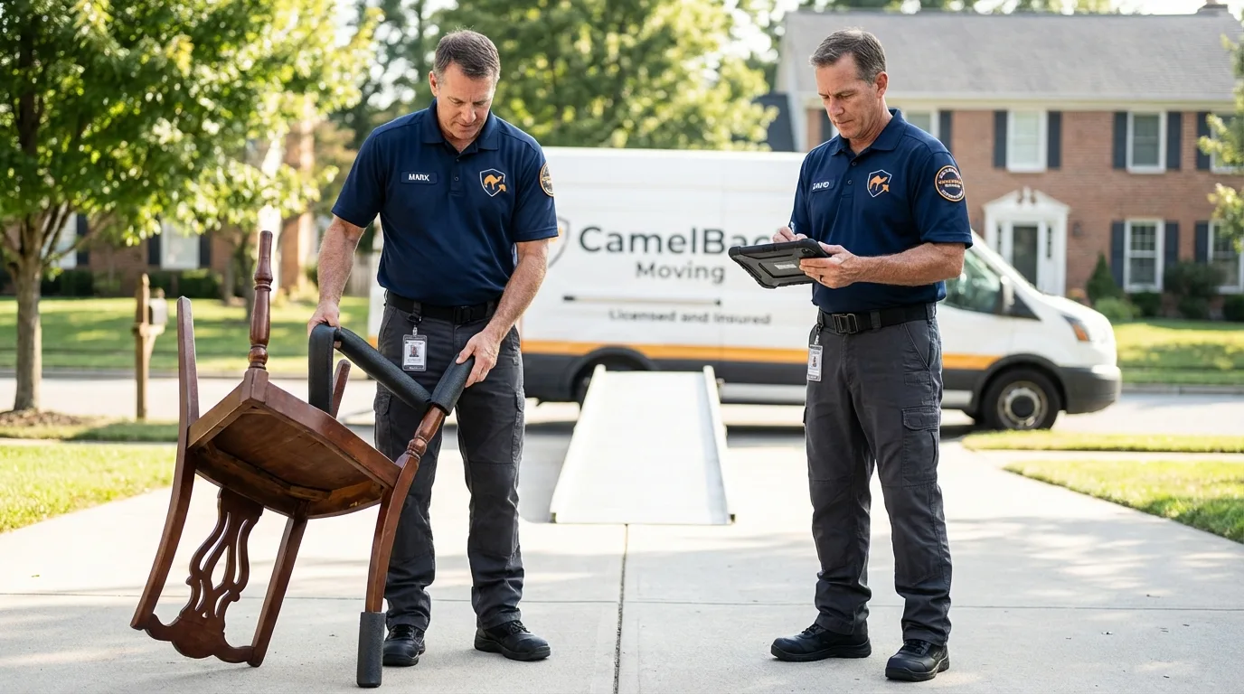 Movers inspecting furniture for damage prevention before loading in Benton Harbor, MI