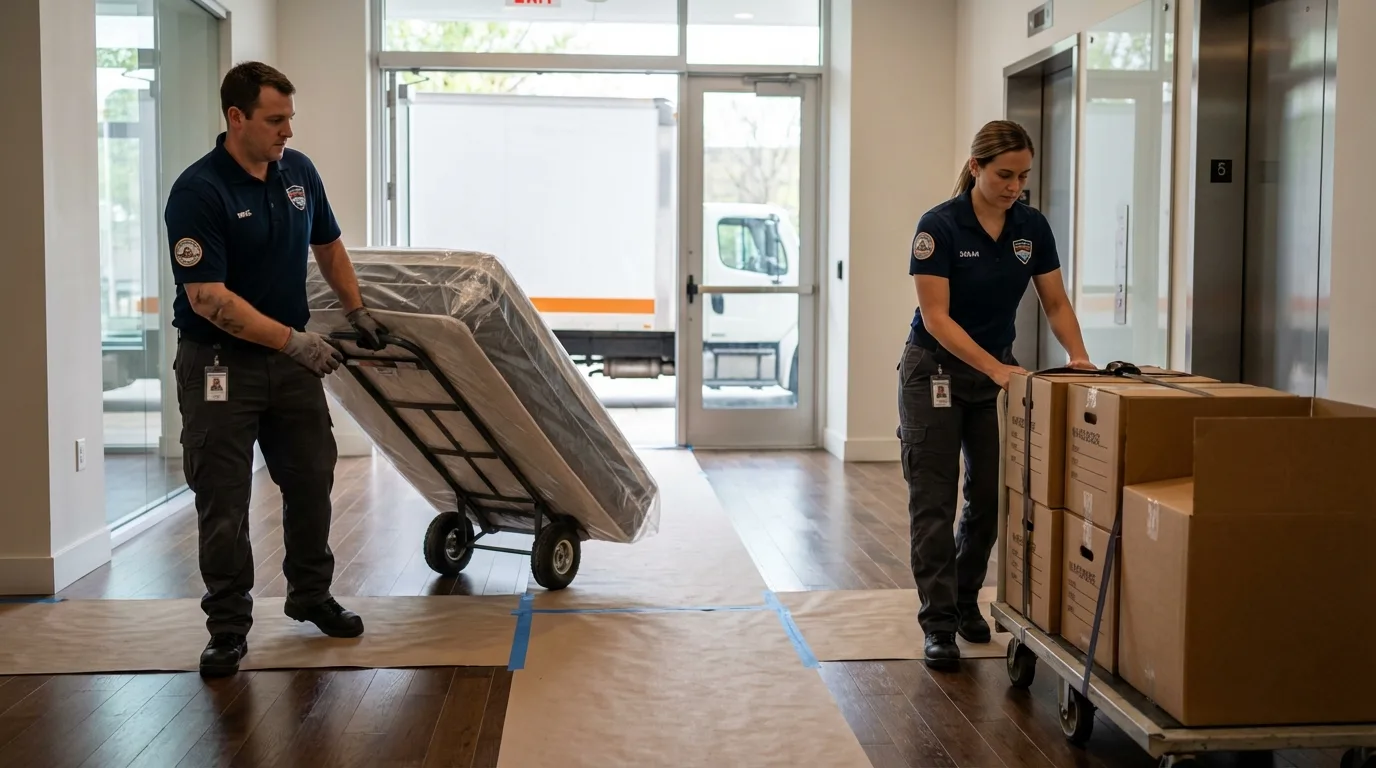 Professional apartment movers loading elevator in Benton Harbor, MI