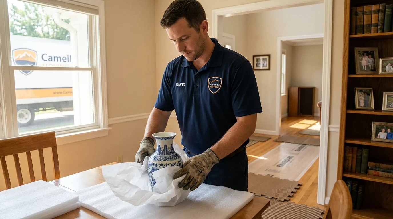 Professional crew carefully wrapping antique vase for senior downsizing move in Benton Harbor, MI